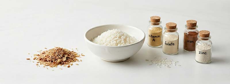 White rice in a ceramic bowl sits beside nutrient jars, capsules, and a pile of rice bran, illustrating how brown rice vs white rice differs when selected nutrients are added back.
