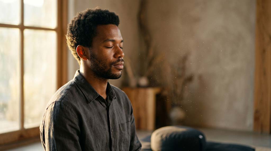 Young Black man does Samatha meditates with eyes closed as warm sunlight falls across his face and dust motes drift nearby in a softly blurred room.