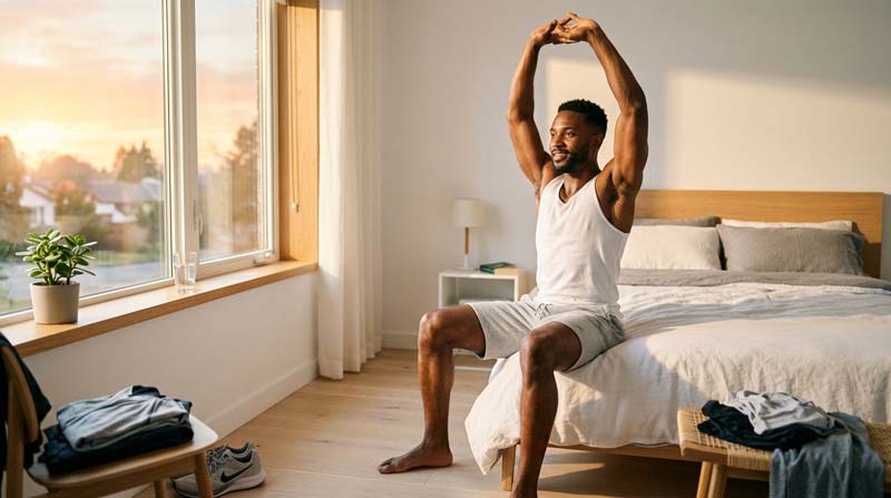 A Black man sits on the edge of a bed stretching into warm morning light with trainers nearby, showing how quality sleep enhances performance by restoring energy, readiness, and calm at the start of the day.