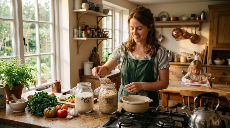 Mother scoops rice from a glass jar at a kitchen counter while her daughter sits at the table behind her in warm evening light.