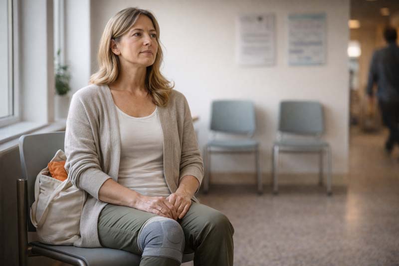Woman with a knee sleeve sits calmly in a physiotherapy clinic waiting area, hands resting together on her lap beside a tote bag with a heat pack visible.