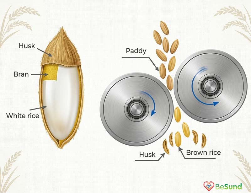 Illustration showing brown rice vs white rice with a labelled rice grain cross section and milling rollers separating husk from paddy to produce brown rice.