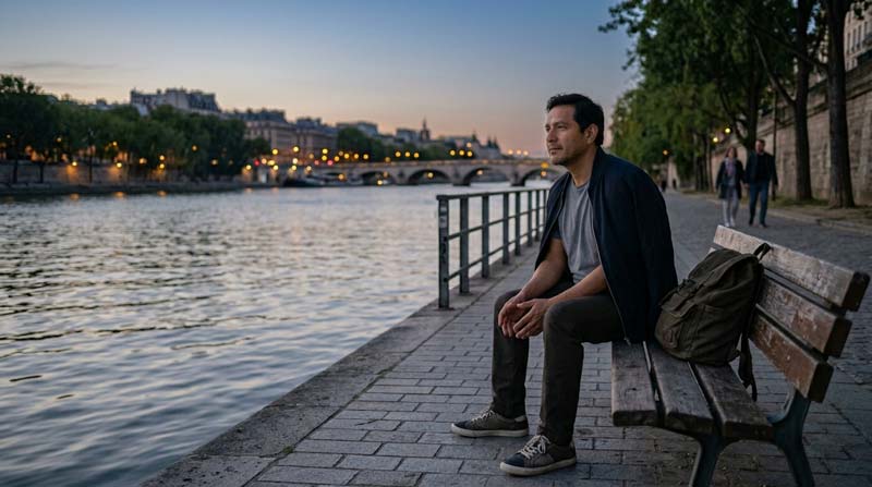 Latino man sits on a bench by a riverside walkway at dusk with a backpack beside him, hands loosely clasped and a soft unfixed gaze as Samatha meditation settles his attention.