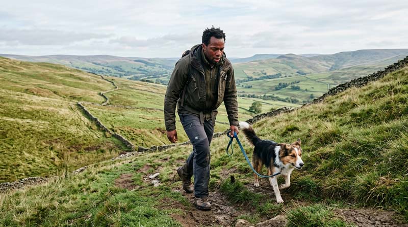 A Black man walks uphill on a grassy countryside path with a collie-mix dog, leaning forward with visible effort under a cloudy sky.