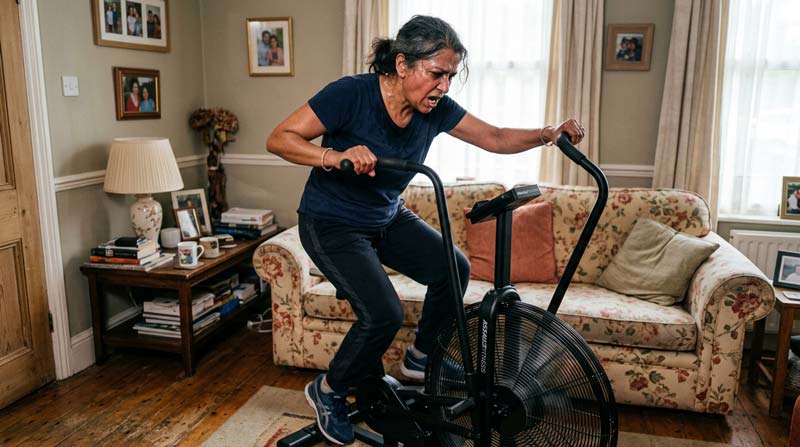 A South Asian woman exercises hard on an air bike in her living room, with a flushed face and open mouth showing intense effort.