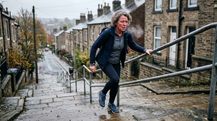 A middle-aged woman climbs stone steps in a British city on a cool morning, breathing visibly as she moves with purposeful effort for small amount of vigorous exercise.