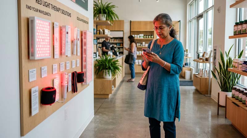 South Asian woman uses her phone to compare red light therapy devices in a wellness shop display, including a glowing face mask, handheld device and light panel.
