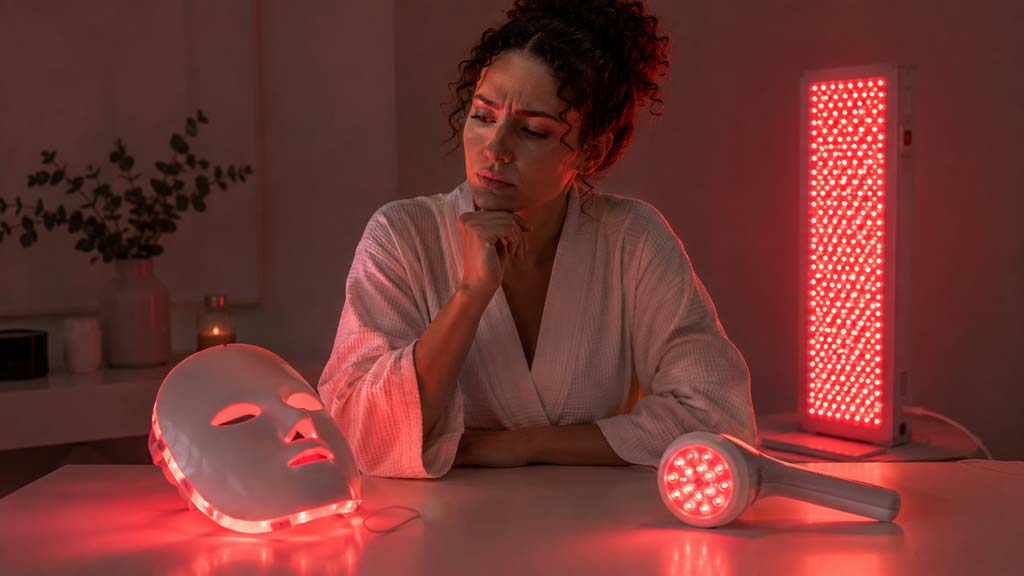 Mixed-race woman thoughtfully compares red light therapy devices, including a glowing face mask, handheld wand and standing panel in a dim wellness room.