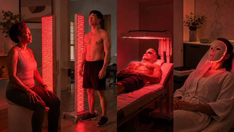 Four adults use light therapy devices in different settings, including standing panels, an overhead canopy treatment and a glowing face mask.