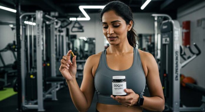 A fit Indian woman in her 40s stands in a gym wearing a grey sports bra, holding a CoQ10 supplement capsule in one hand and the container in the other. She is looking at the label. Gym machines are visible in the background. The image shows her preparing for exercise using a Coenzyme Q10 fitness supplement.