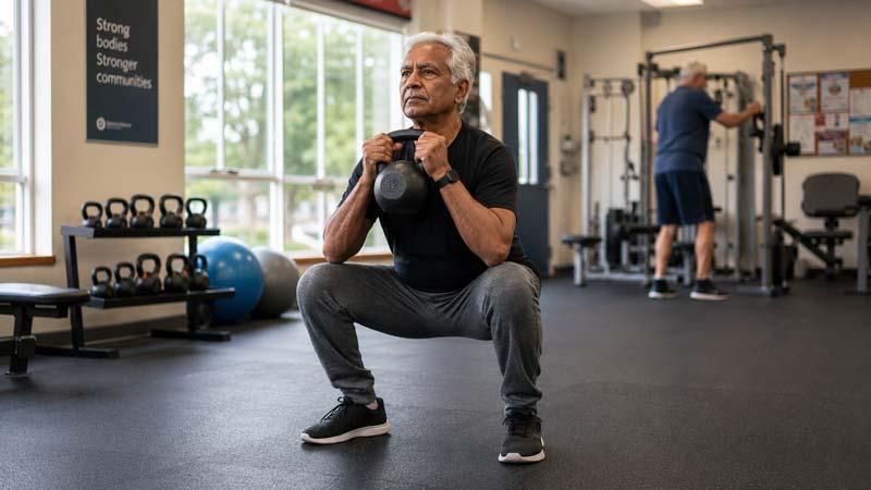 An older South Asian man performs a controlled goblet squat with a kettlebell in a community gym, illustrating ageing well through strength, balance and functional movement.