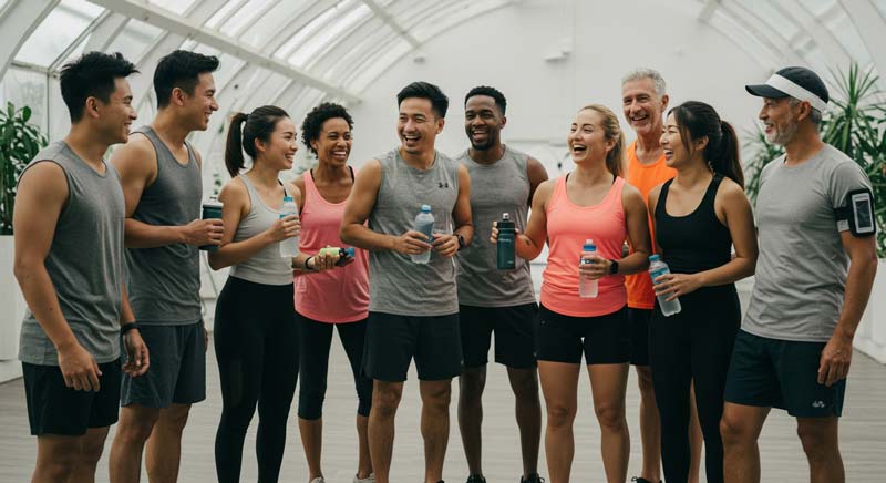 A mixed group of male and female athletes aged from their 20s to 60s stand together smiling after a workout. They are wearing fitness clothing and holding water bottles. The group is relaxed and talking, showing a sense of connection and energy. The image reflects vitality and recovery supported by the use of a Coenzyme Q10 fitness supplement.