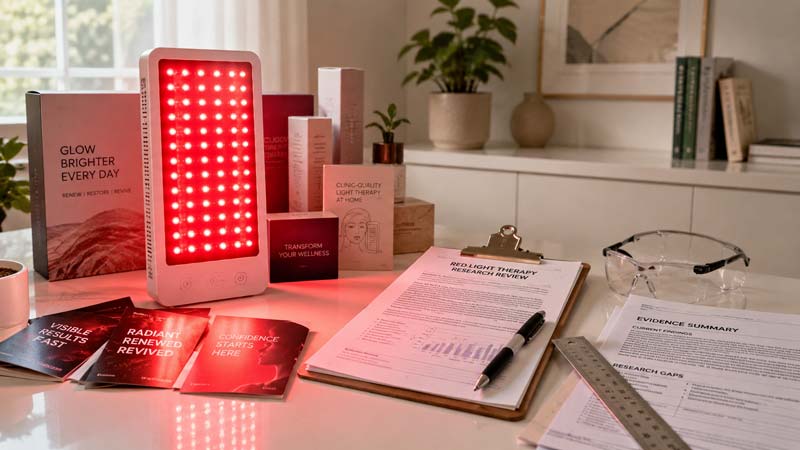 Glowing red light panel on a white desk surrounded by promotional wellness cards, research papers, safety glasses and a ruler.
