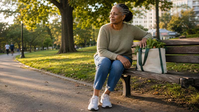 An older Black woman sits on a wooden park bench beside a reusable shopping bag filled with fresh vegetables, looking calmly across a sunlit city park.