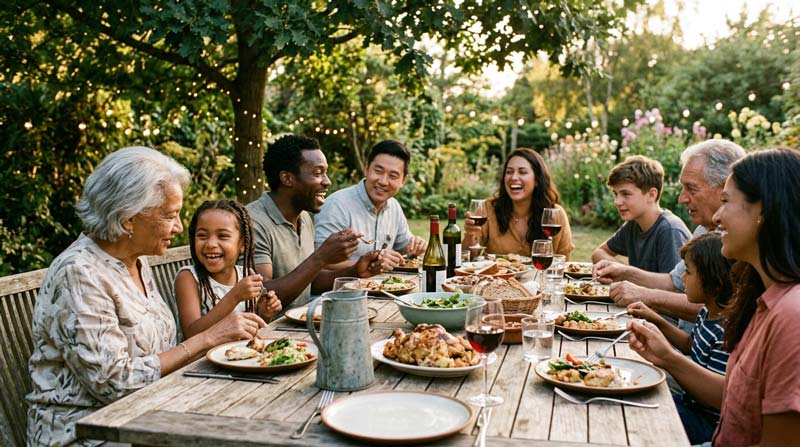 A multigenerational family shares an outdoor meal around a long wooden table in a garden, with an older woman at the centre listening attentively to a child as others talk and eat around them.