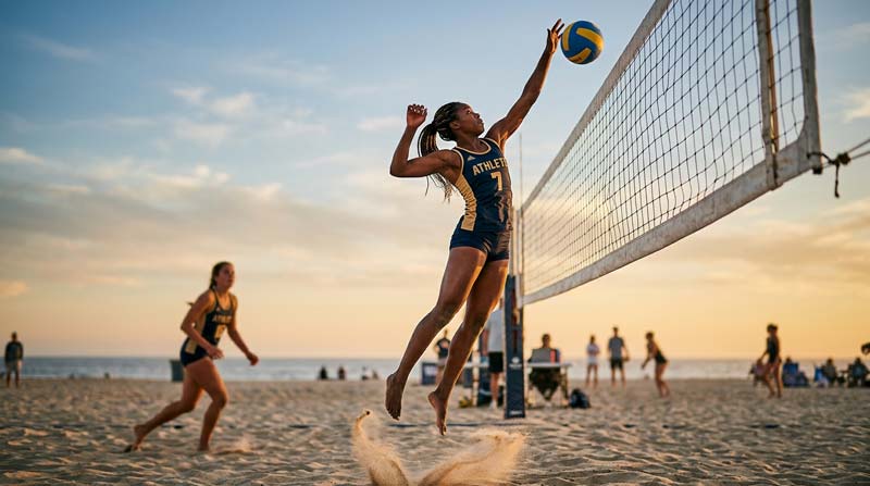 A female beach volleyball athlete jumps explosively above the sand during a match, showing power, focus, and athletic performance.