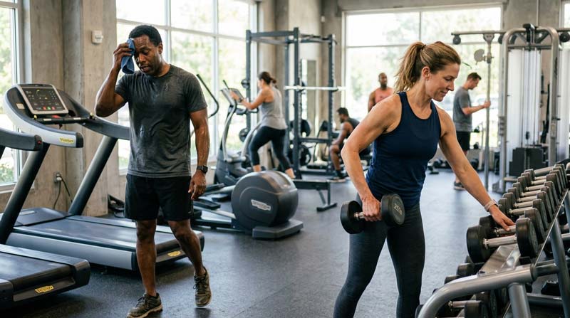 A Black man wipes sweat near treadmills while a woman returns a dumbbell in a bright gym, showing cardio and strength training to live longer working side by side.