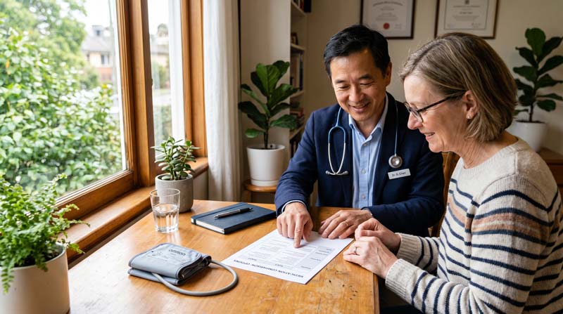 A doctor and patient review a medication comparison sheet together beside a blood pressure cuff and glass of water.