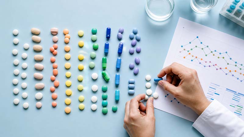 Coloured tablets and capsules are arranged beside a research chart while hands sort the medicines into groups.