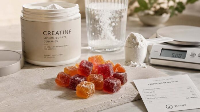 A product still life showing creatine gummies beside creatine powder, water, a measuring scale, and a verification card to highlight dose accuracy.