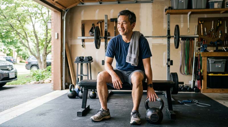 A middle aged East Asian man rests on a bench in a garage gym with a towel over his shoulder and one hand on a kettlebell.