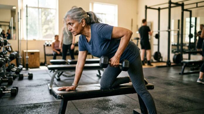An older South Asian woman performs a dumbbell row on a bench in a sunlit gym, showing focused effort during strength training to live longer.