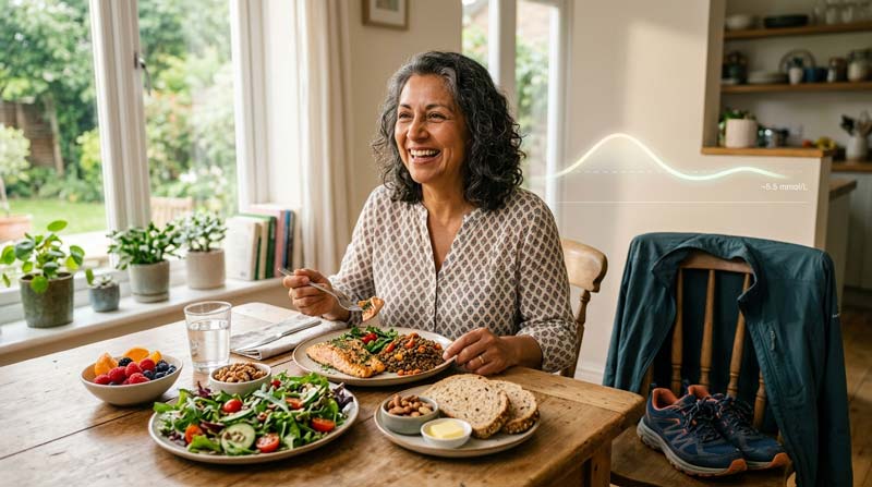 A smiling woman enjoys a balanced meal beside walking shoes while a subtle glucose curve illustrates CGM for non-diabetics in everyday life.