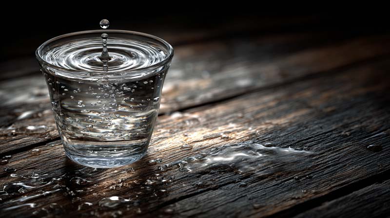 A clear glass of water sits on a dark wooden surface, viewed from above at an angle, with a single droplet creating ripples on the surface. The glowing water contrasts with the textured wood, reflecting soft light and symbolising the impact of drinking enough water on the body’s systems.