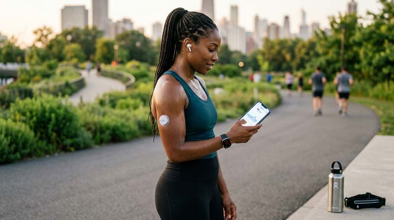 A Black woman runner checks a phone glucose graph while wearing a glucose sensor on her upper arm in a sunny city park.