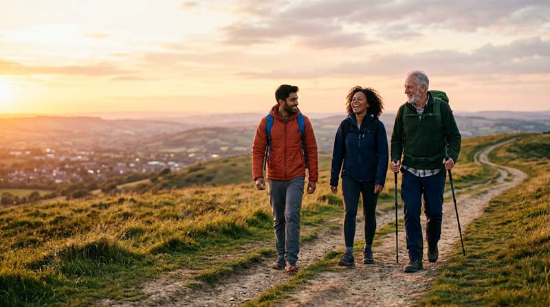 Three friends walk together on a hilltop path at sunset after finishing their exercise.