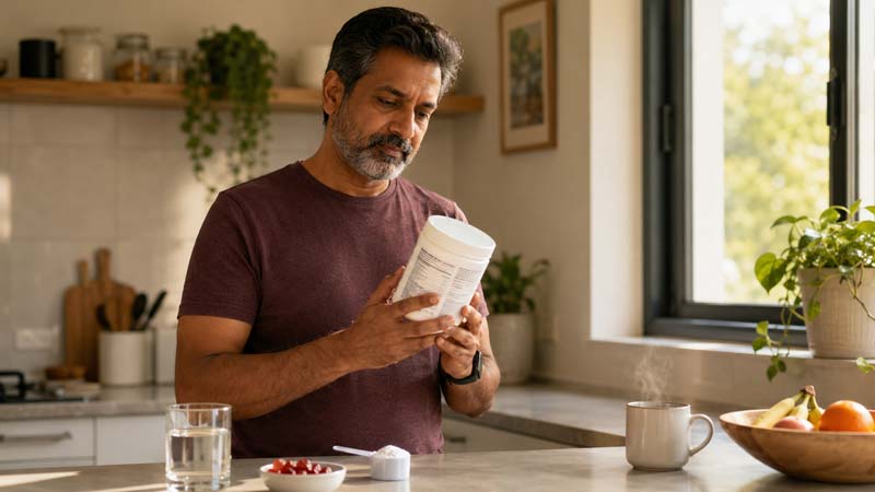 A man reads a supplement label in a bright kitchen with creatine gummies, powder, and water on the counter as he makes an informed health choice.