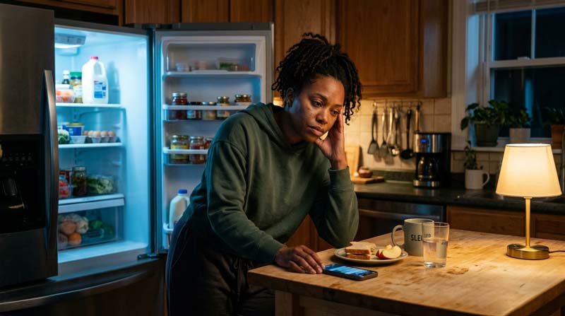 A tired Black woman stands beside an open fridge at night with a snack, phone, water glass, and mug on the kitchen counter.
