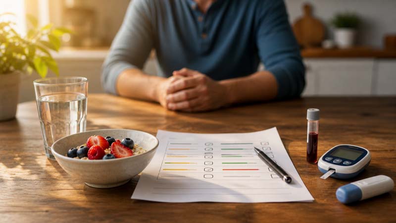 A kitchen table with a glucose meter, blood sample vial, health form, water and berries shows how antidepressants affect your body through markers that may need checking.
