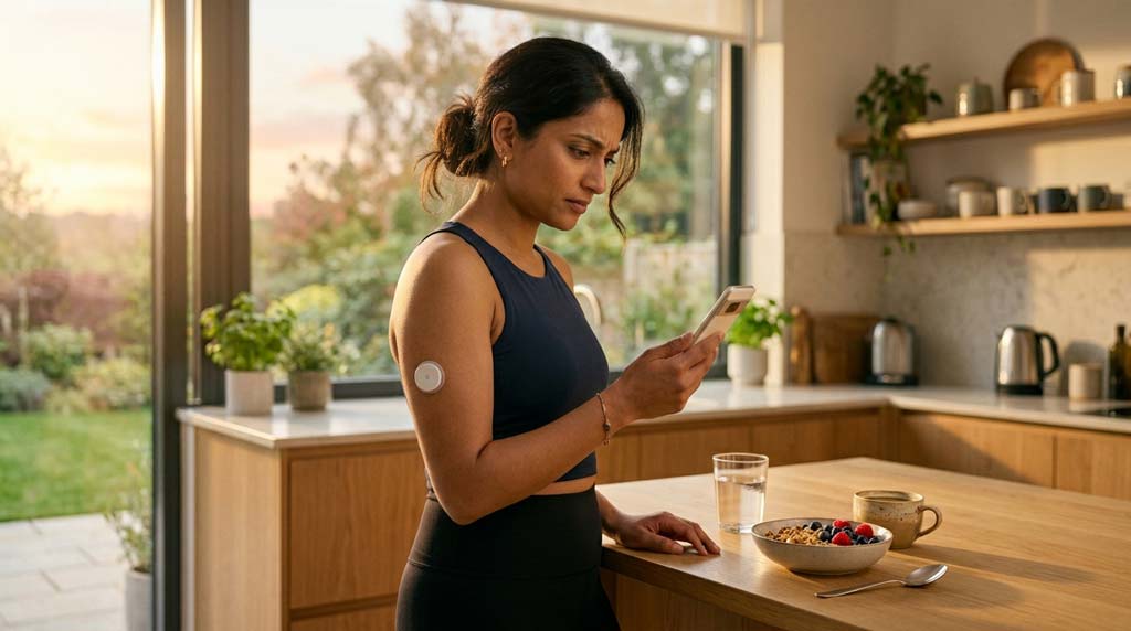 A South Asian woman with a glucose sensor on her upper arm checks a phone app beside berries, water and coffee in a sunlit kitchen, reflecting the cautious curiosity behind CGM for non-diabetics.