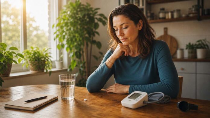 A woman considers a small medicine pill beside water, a notebook, a watch and a blood pressure monitor, showing how antidepressants affect your body beyond mood.
