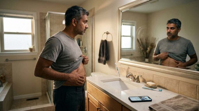 A South Asian man lifts his t-shirt and looks at his stomach in a bathroom mirror, reflecting on concerns about cortisol belly and online wellness advice.