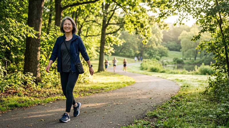 An older East Asian woman smiles while walking through a sunny park, representing a positive lifestyle response to cortisol belly concerns.