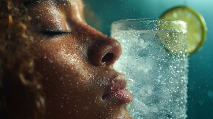 A close-up of a person’s face with eyes closed and skin covered in water droplets, next to a chilled glass of ice water with a lime slice, evoking a feeling of relief and drinking enough water for refreshment.