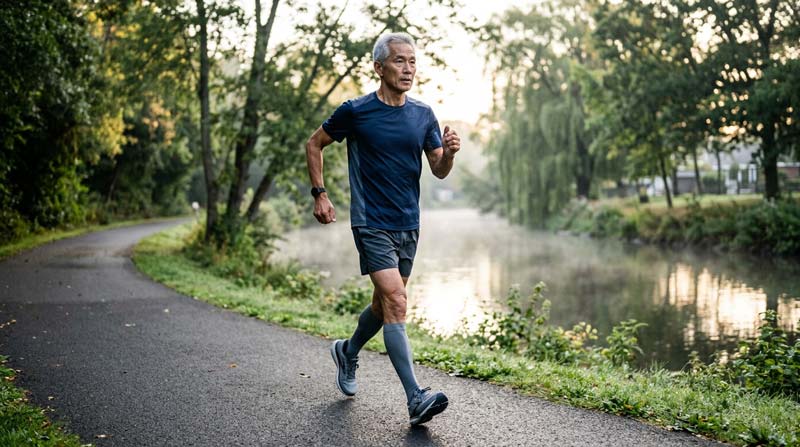 An older man power walks beside a misty river with a calm, concentrated expression.