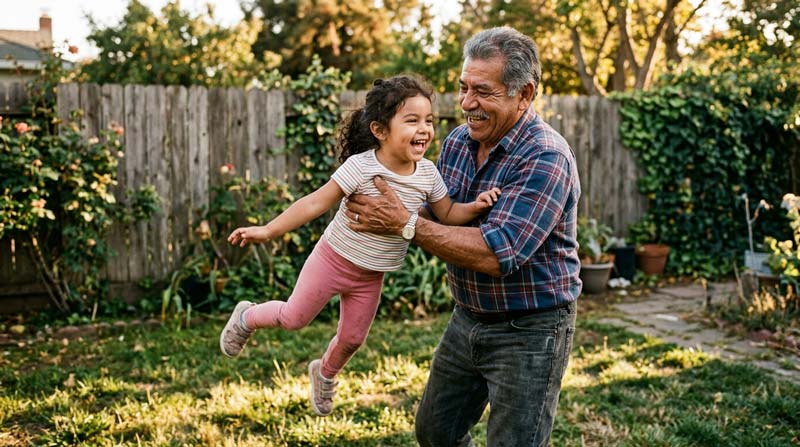 An older Hispanic man laughs as he lifts a young child in a sunlit garden.