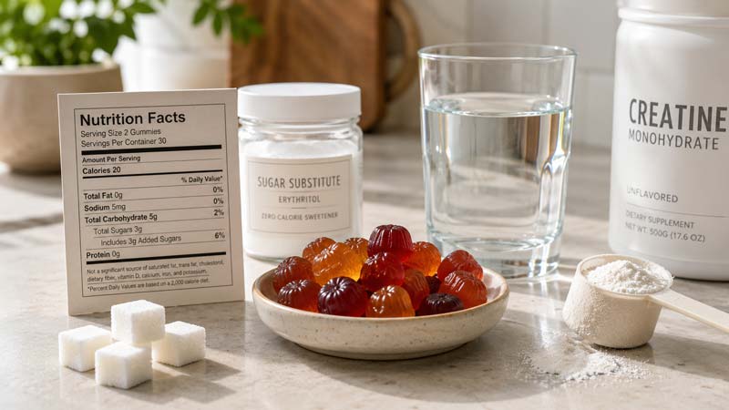 A kitchen counter displays gummies, sugar cubes, a nutrition facts card, a sugar substitute jar, water, and creatine powder to compare supplement ingredients.