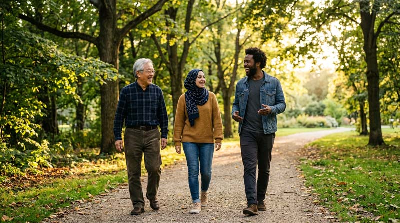 Three friends of different ages and ethnicities laugh together while walking through a sunny tree-lined park.