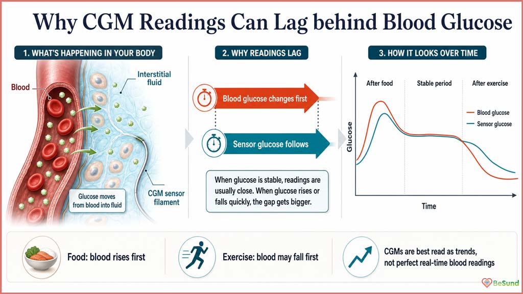 A diagram of CGM for non-diabetics showing how a skin sensor reads glucose in the interstitial fluid and lags behind blood glucose when levels change quickly.