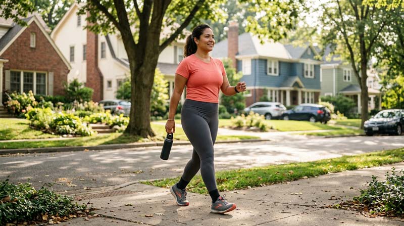 A curvy woman doing Japanese walking along a quiet suburban street in soft morning light.