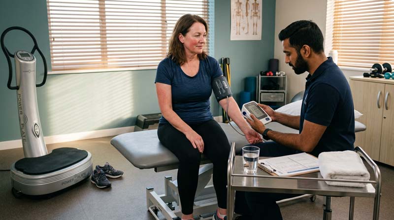 A physiotherapist measures a seated middle-aged woman’s blood pressure beside the platform she has just used.