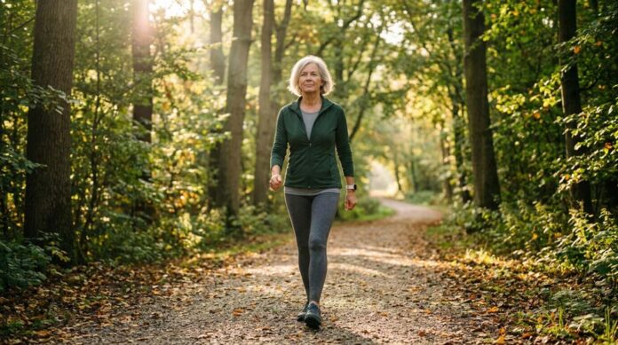 An older woman walks briskly through a sunlit park, reflecting the connection between exercise and dementia risk.