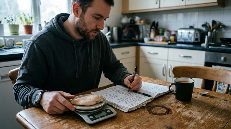 A man weighs cooked chicken while recording corrected protein calculations in a notebook at a kitchen table.