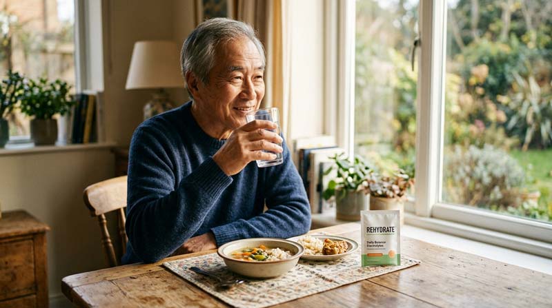 An older man drinks a glass of water beside a bright window with a simple meal and an unopened sachet on the table.