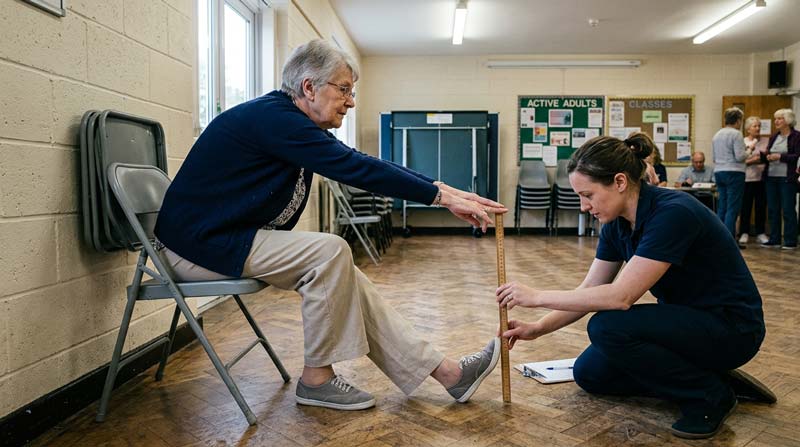 An older woman performs a chair sit-and-reach test while a fitness assessor measures the distance from her fingertips to her raised toes.