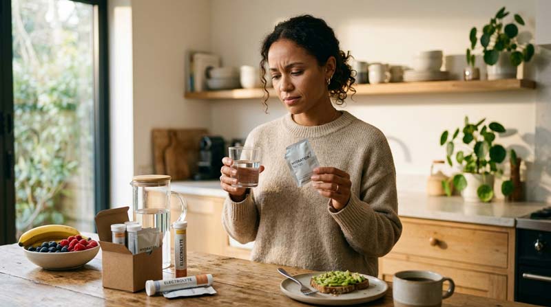 A woman stands in a warm kitchen holding a glass of water and an electrolyte sachet while looking thoughtfully at the sachet.